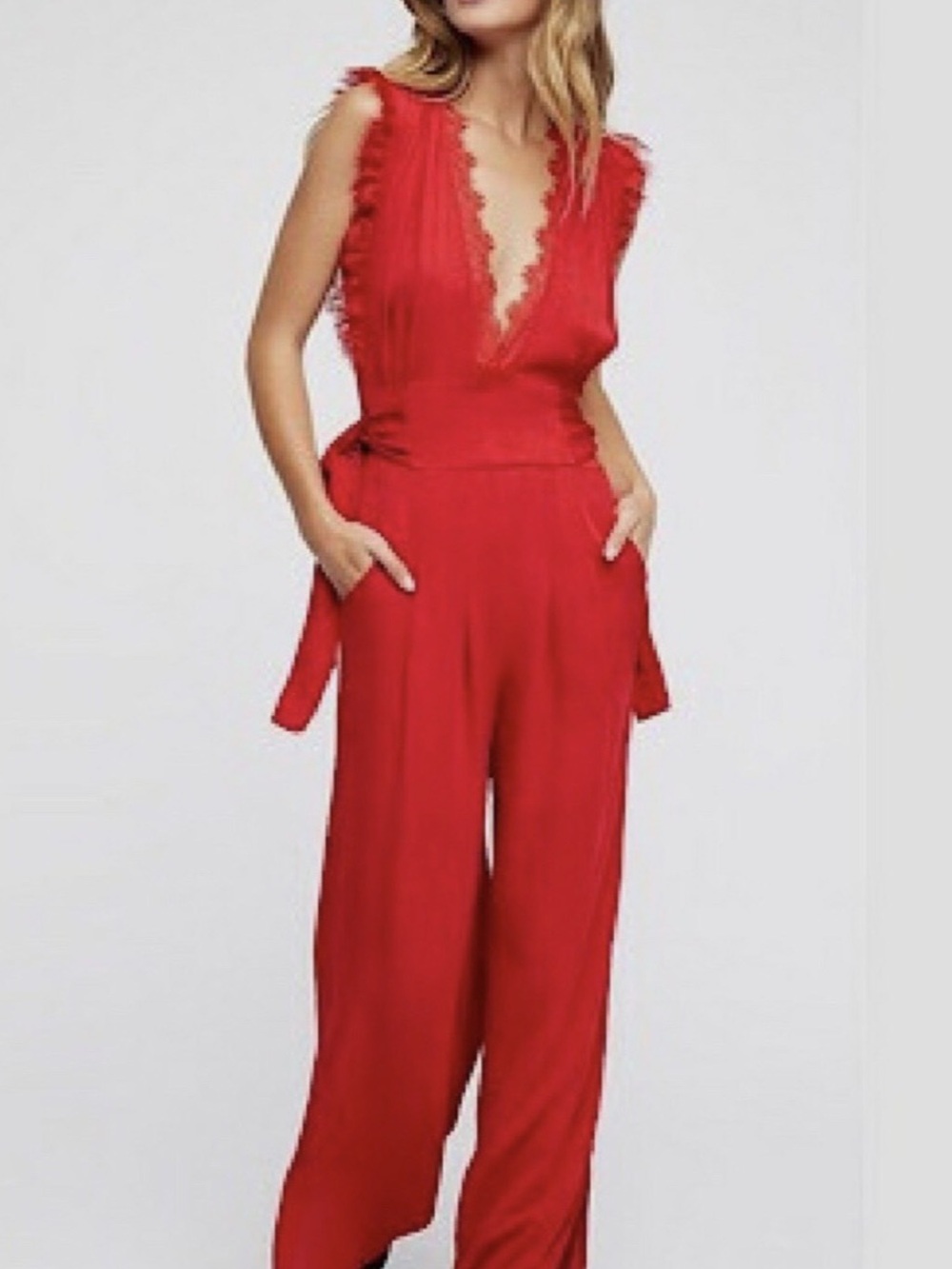 Free People Red Lace Trim Jumpsuit Size 10 NWT